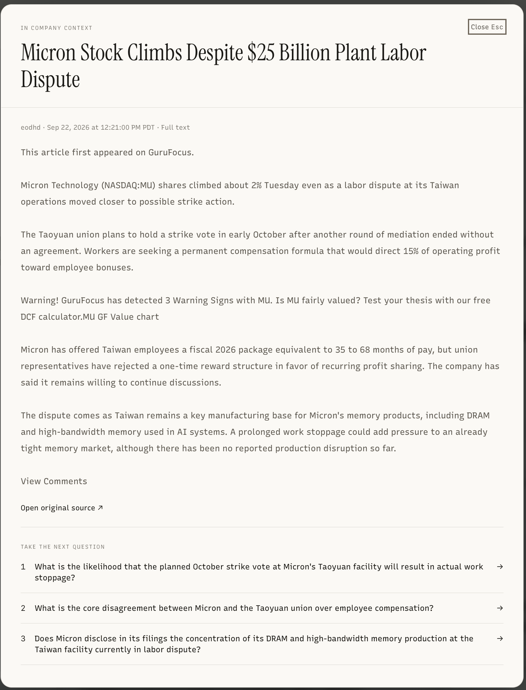 A news article in Amten with three automatically generated next questions
